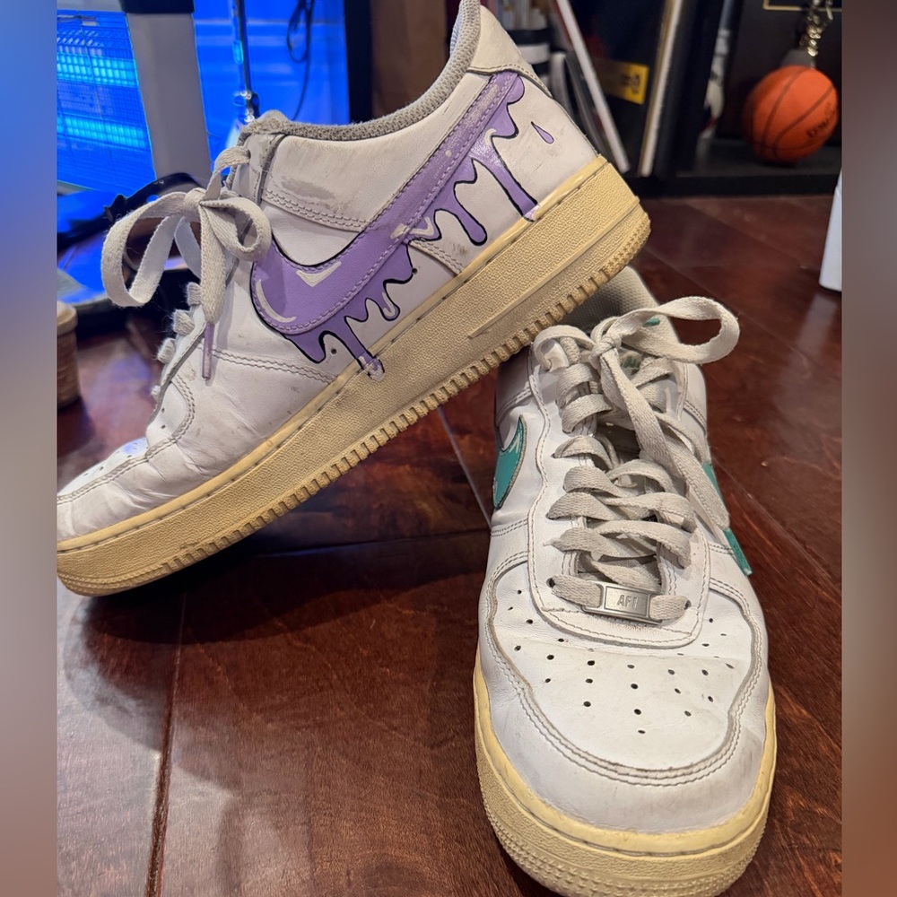 Women’s Nike White Sneakers with Purple/Teal Drip Swoosh